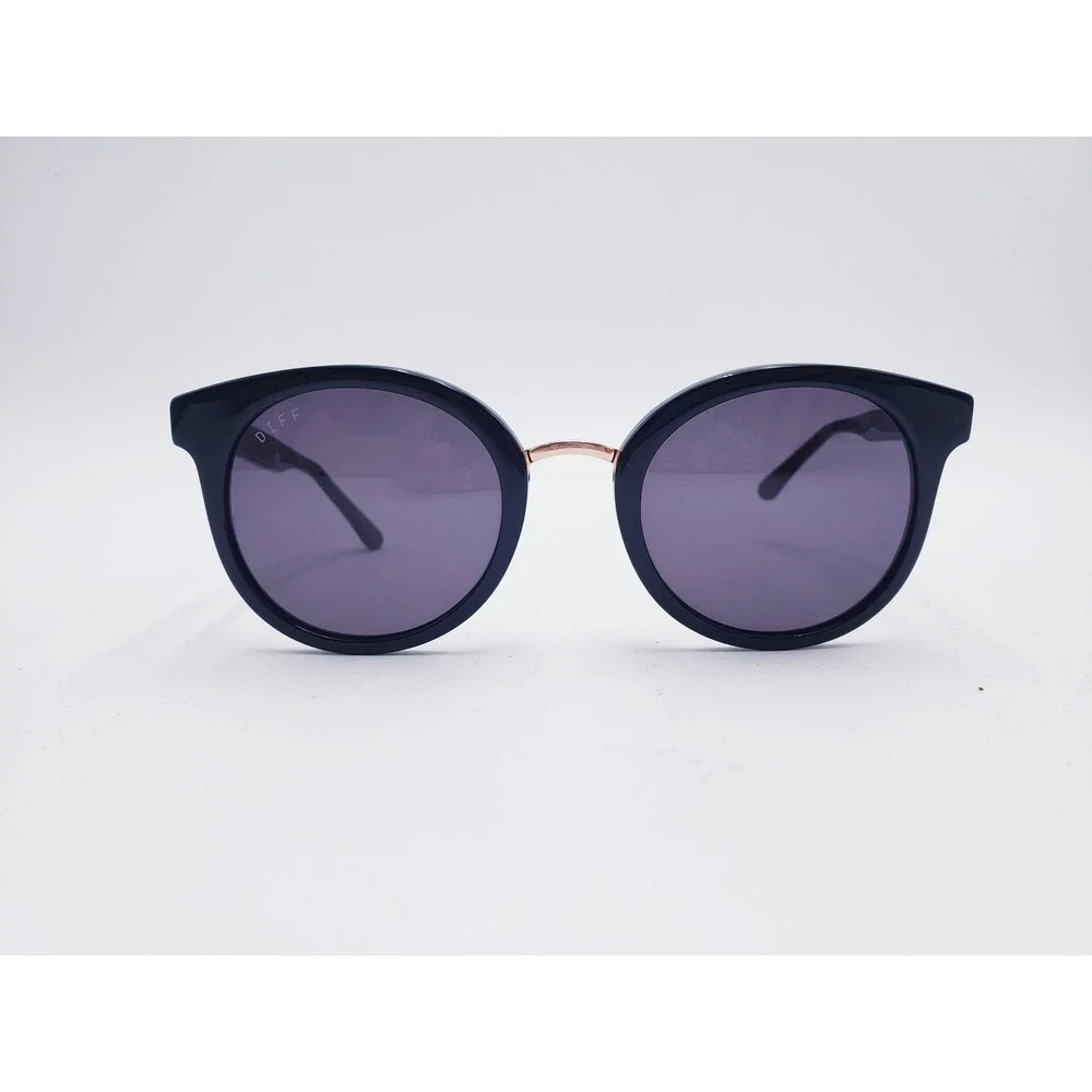 DIFF Eyewear Aubree Sunglasses Black Gold Round Cat Eye Metal Bridge